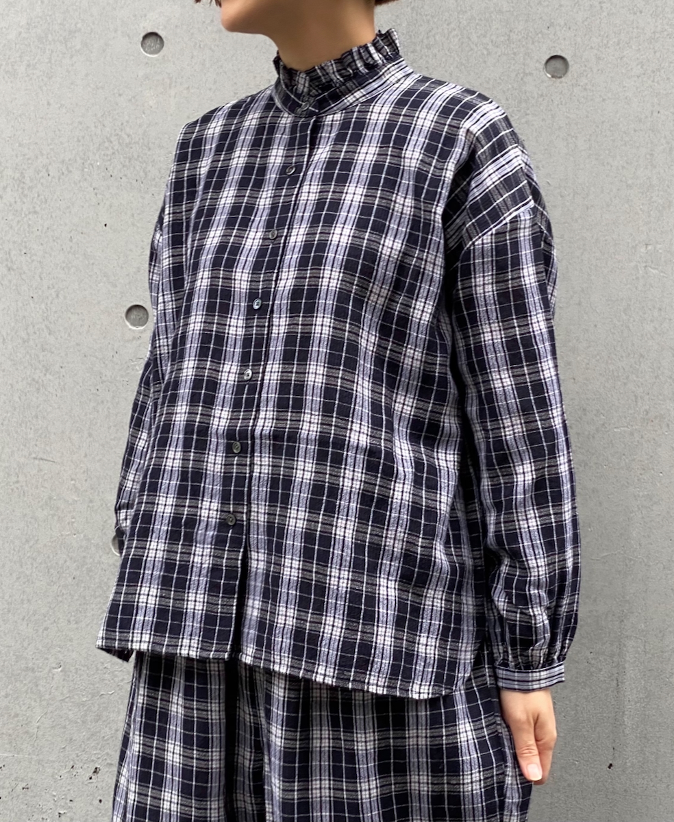 INSL24711(シャツ) WOOL/LINEN CHECK FRILL COLLAR SHIRT