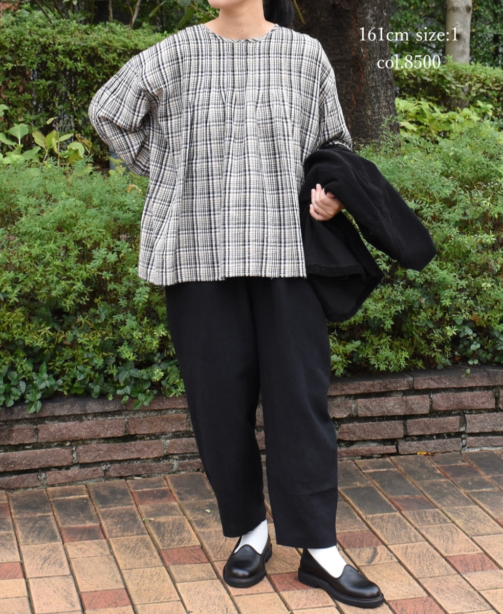 INSL24712(シャツ) WOOL/LINEN CHECK CREW NECK L/SL SHIRT WITH PINTUCK