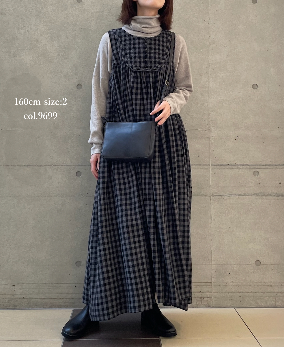 NMDS24573(ワンピース) BOILED WOOL GINGHAM CHECK RAJASTHAN TUCK GATHERD NO/SL QUILTING DRESS