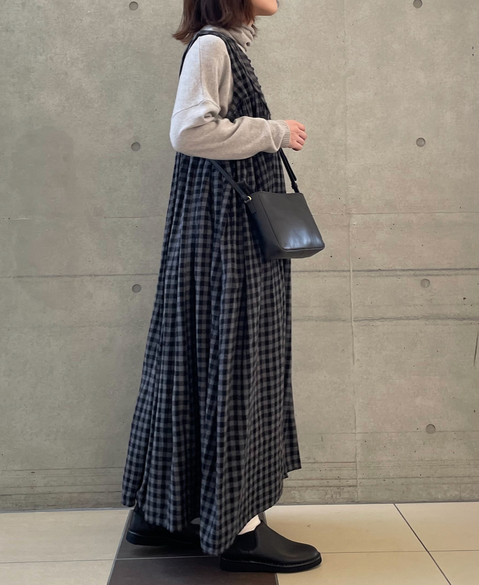 NMDS24573(ワンピース) BOILED WOOL GINGHAM CHECK RAJASTHAN TUCK GATHERD NO/SL QUILTING DRESS