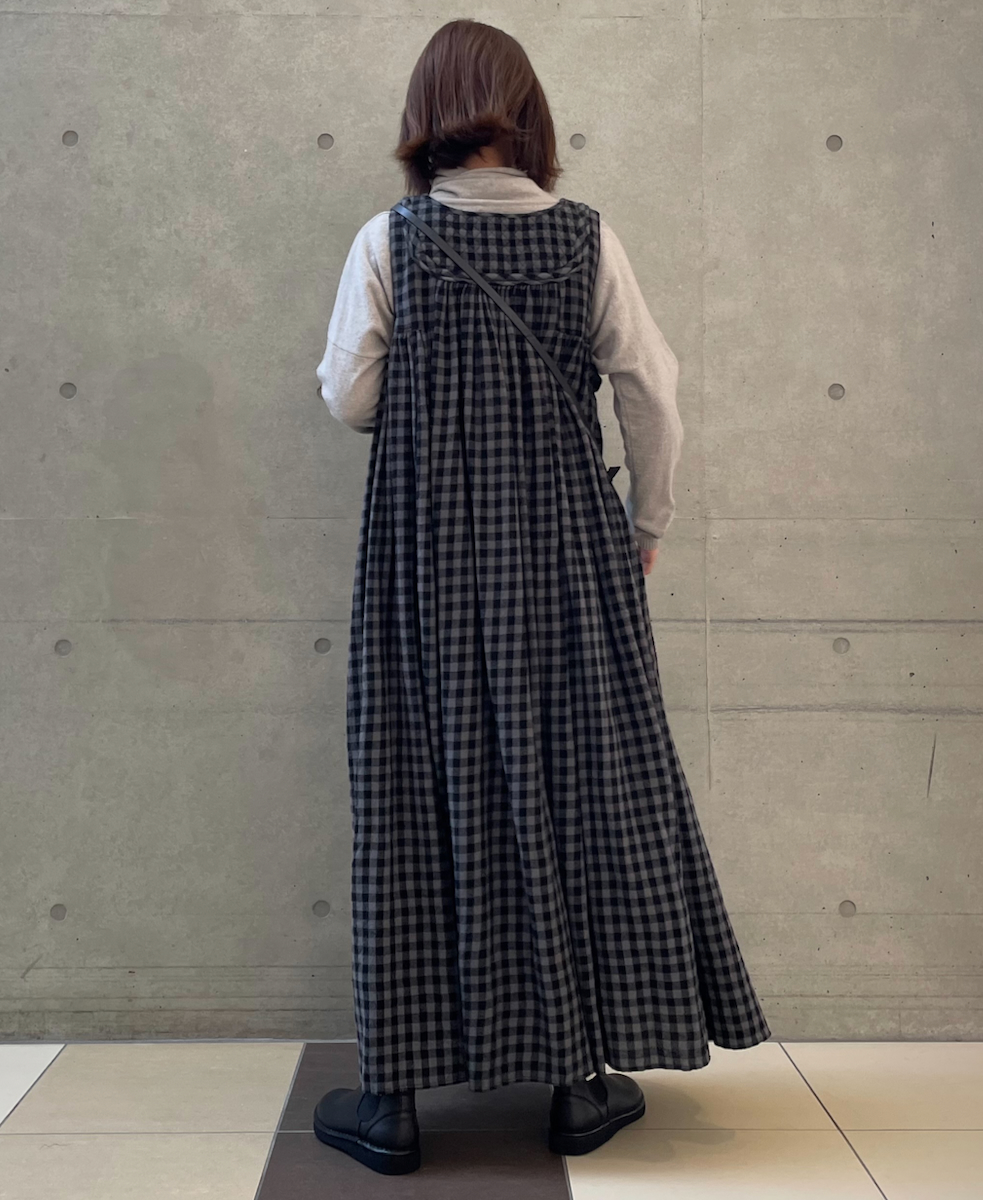 NMDS24573(ワンピース) BOILED WOOL GINGHAM CHECK RAJASTHAN TUCK GATHERD NO/SL QUILTING DRESS