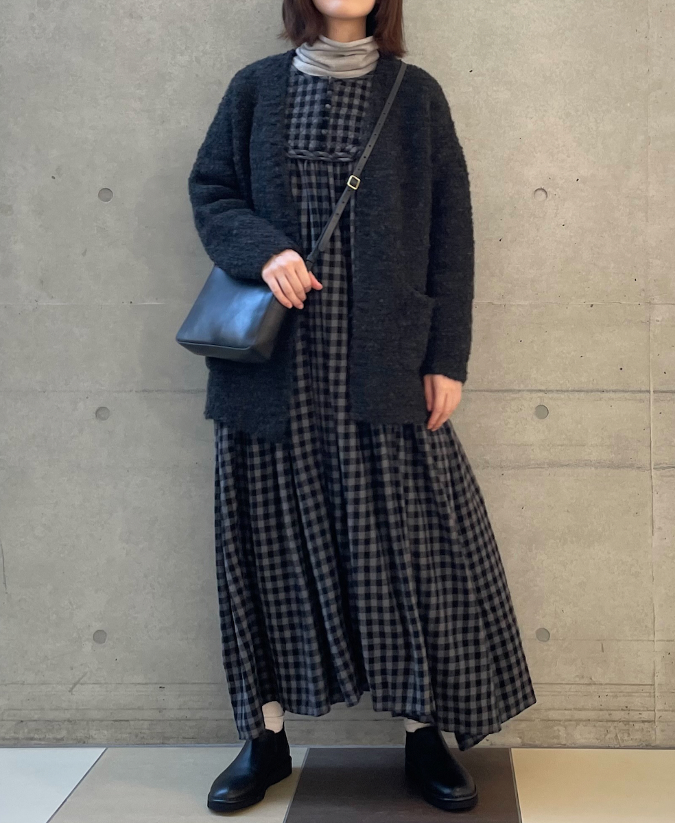 NMDS24573(ワンピース) BOILED WOOL GINGHAM CHECK RAJASTHAN TUCK GATHERD NO/SL QUILTING DRESS