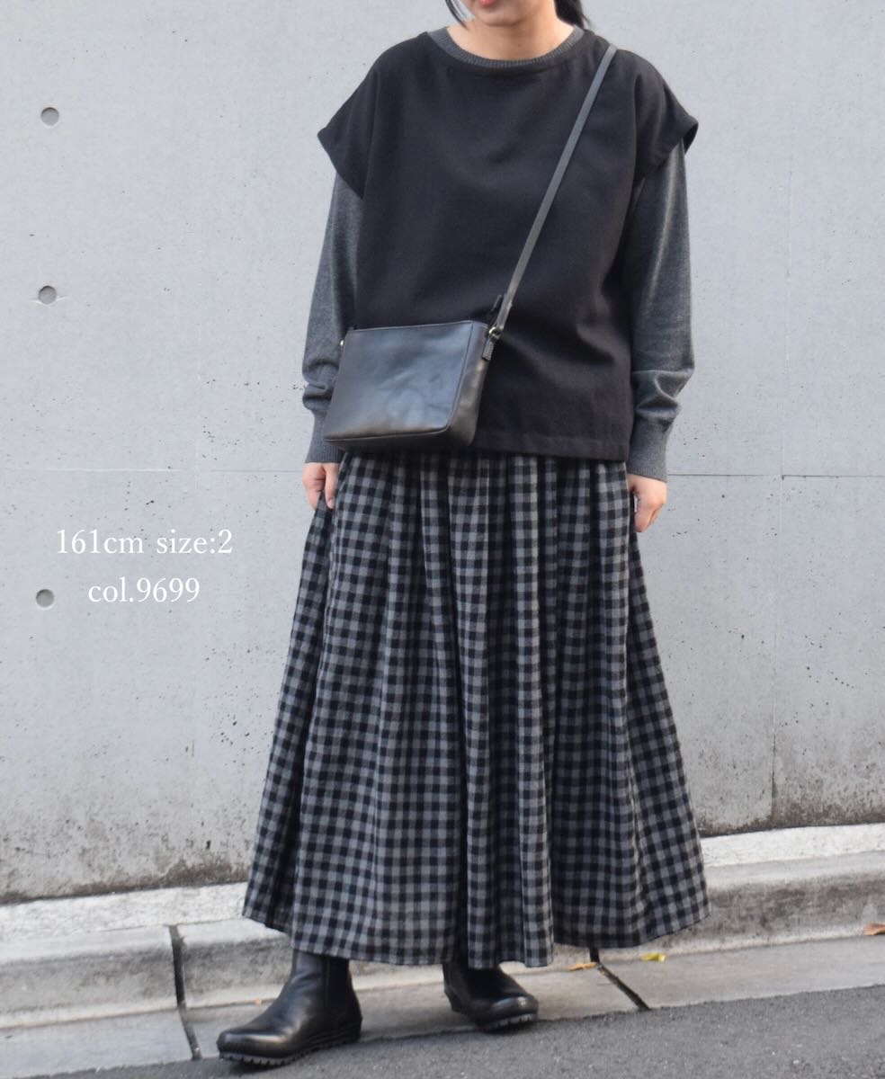 NMDS24574(スカート) BOILED WOOL GINGHAM CHECK RAJASTHAN TUCK GATHERD SKIRT WITH LINING