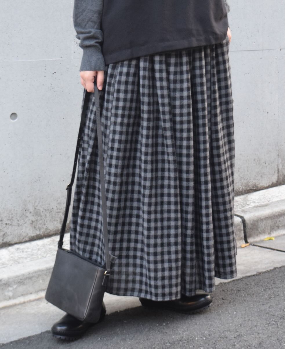 NMDS24574(スカート) BOILED WOOL GINGHAM CHECK RAJASTHAN TUCK GATHERD SKIRT WITH LINING