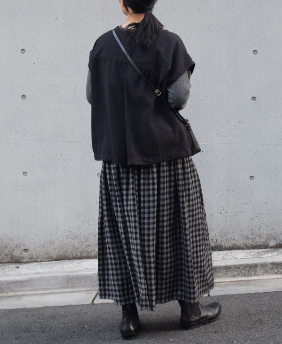 NMDS24574(スカート) BOILED WOOL GINGHAM CHECK RAJASTHAN TUCK GATHERD SKIRT WITH LINING