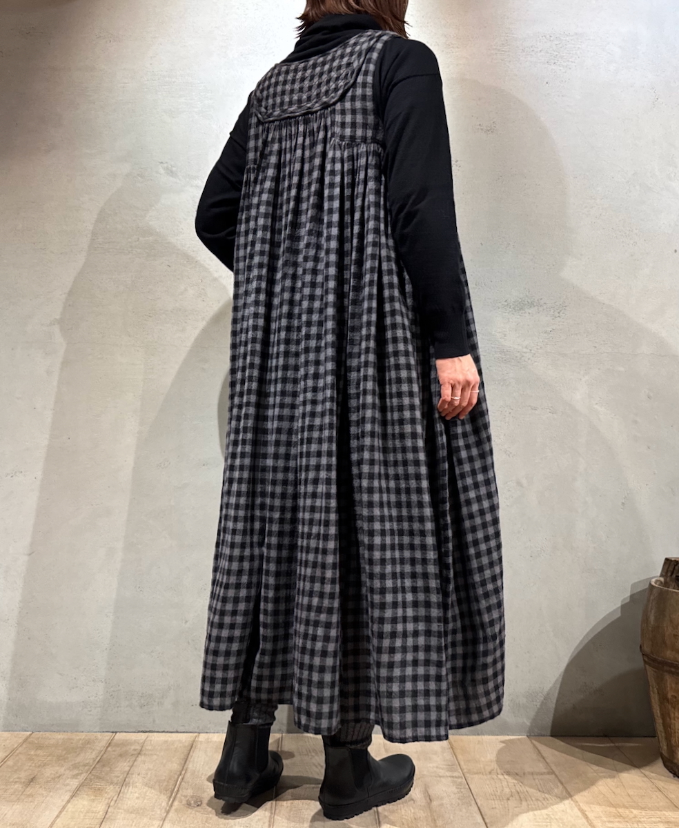 NMDS24573(ワンピース) BOILED WOOL GINGHAM CHECK RAJASTHAN TUCK GATHERD NO/SL QUILTING DRESS