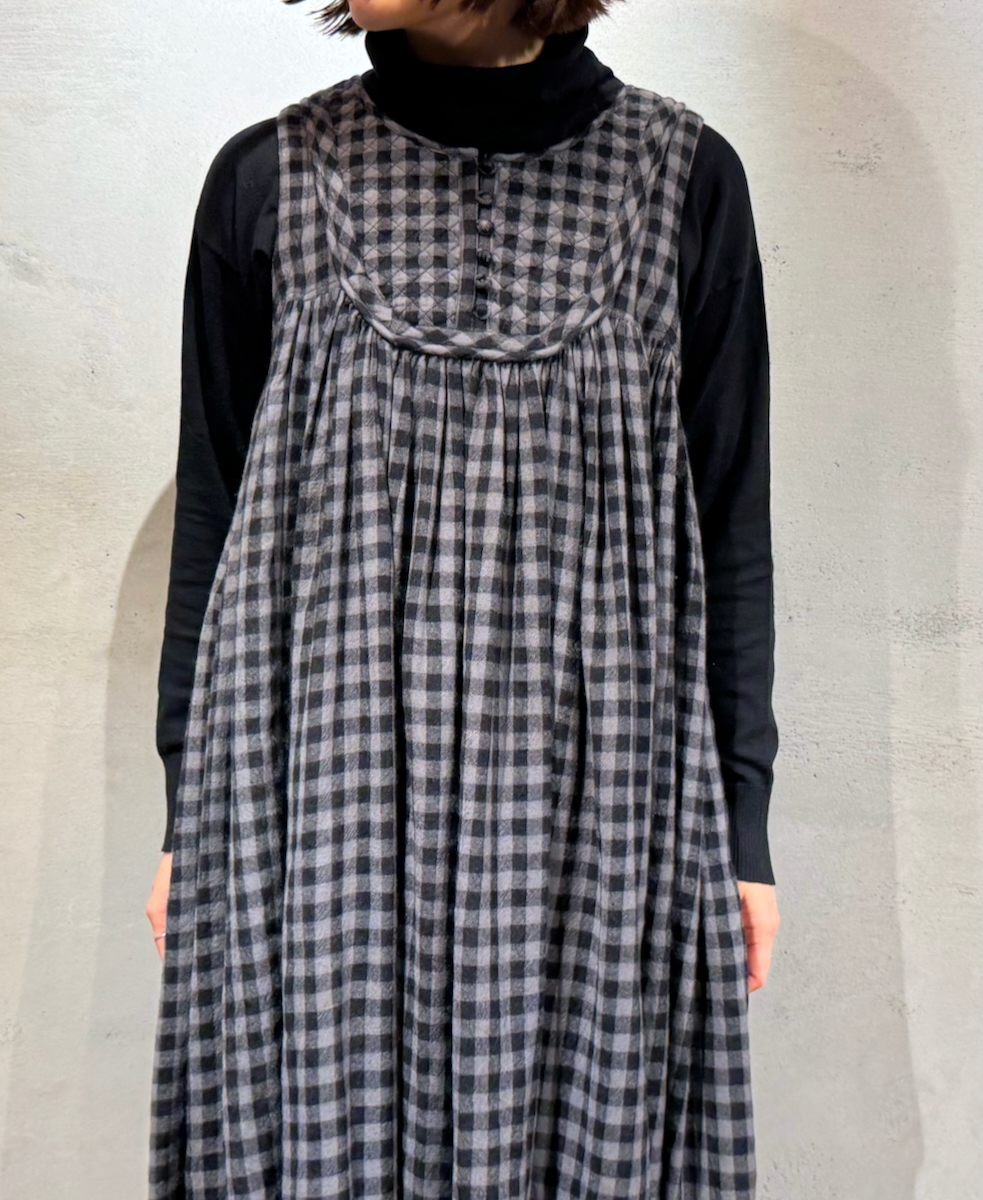 NMDS24573(ワンピース) BOILED WOOL GINGHAM CHECK RAJASTHAN TUCK GATHERD NO/SL QUILTING DRESS