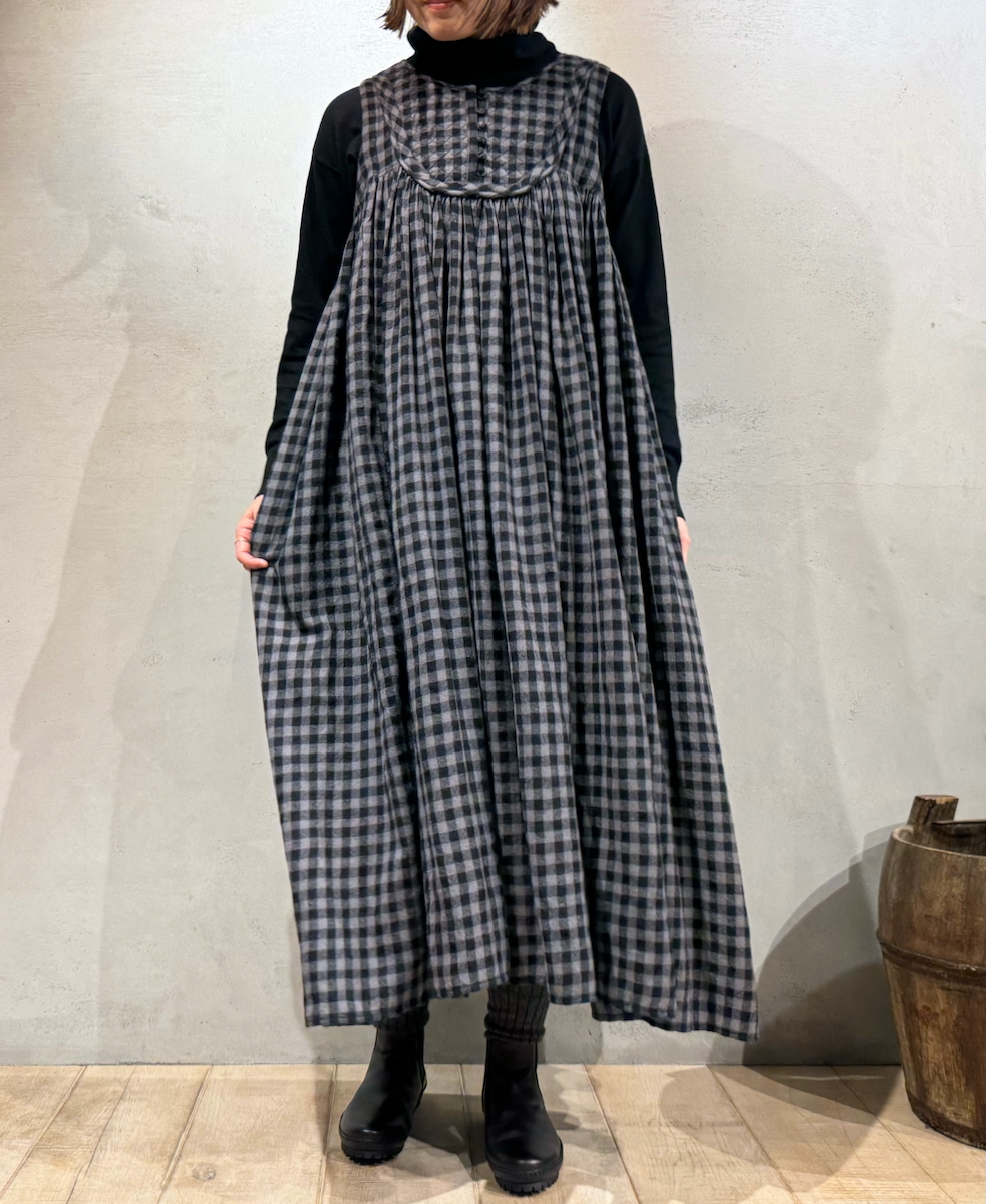 NMDS24573(ワンピース) BOILED WOOL GINGHAM CHECK RAJASTHAN TUCK GATHERD NO/SL QUILTING DRESS