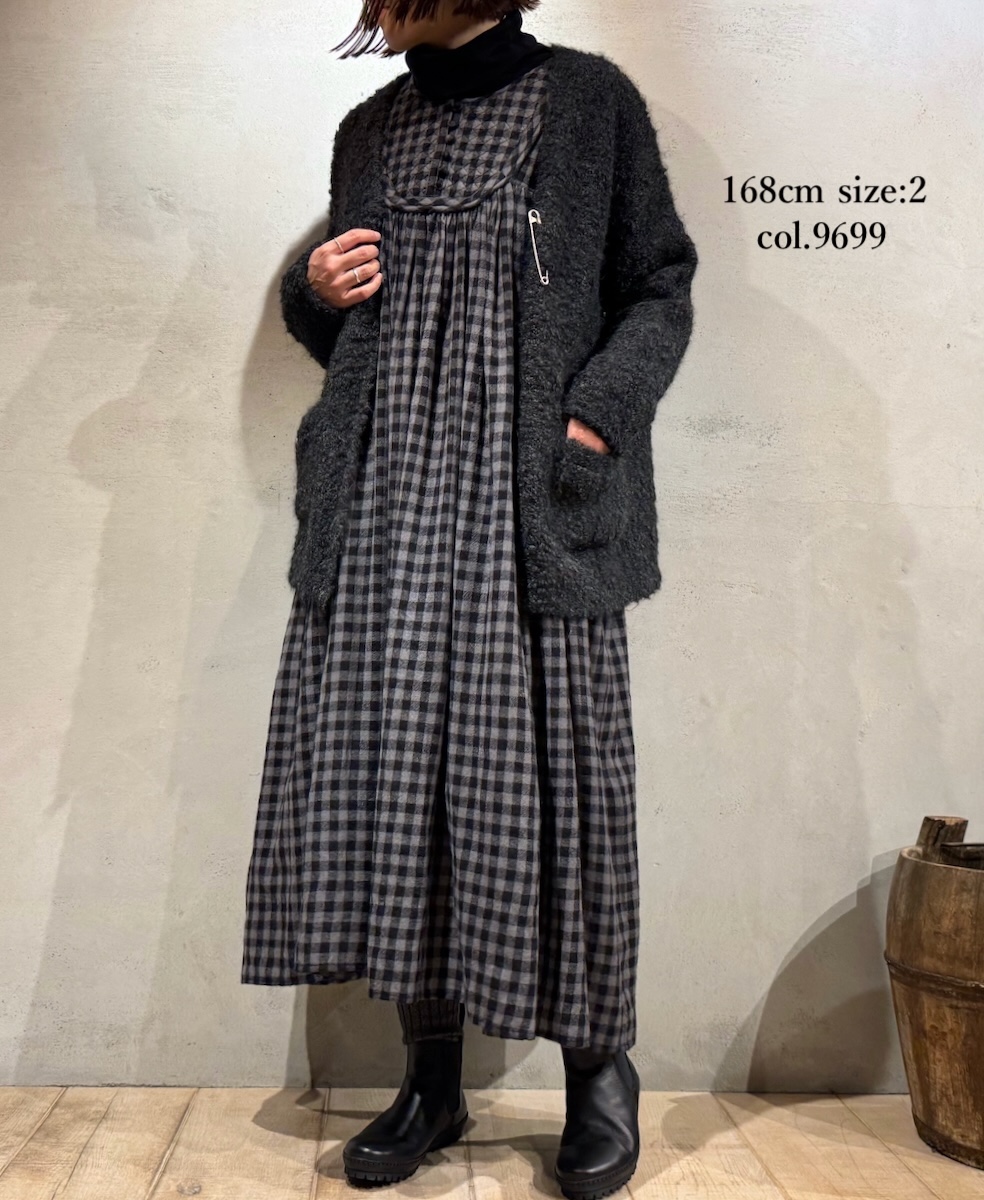 NMDS24573(ワンピース) BOILED WOOL GINGHAM CHECK RAJASTHAN TUCK GATHERD NO/SL QUILTING DRESS