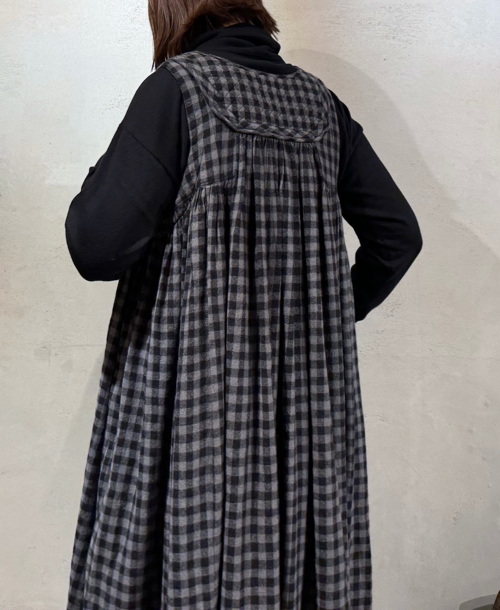 NMDS24573(ワンピース) BOILED WOOL GINGHAM CHECK RAJASTHAN TUCK GATHERD NO/SL QUILTING DRESS