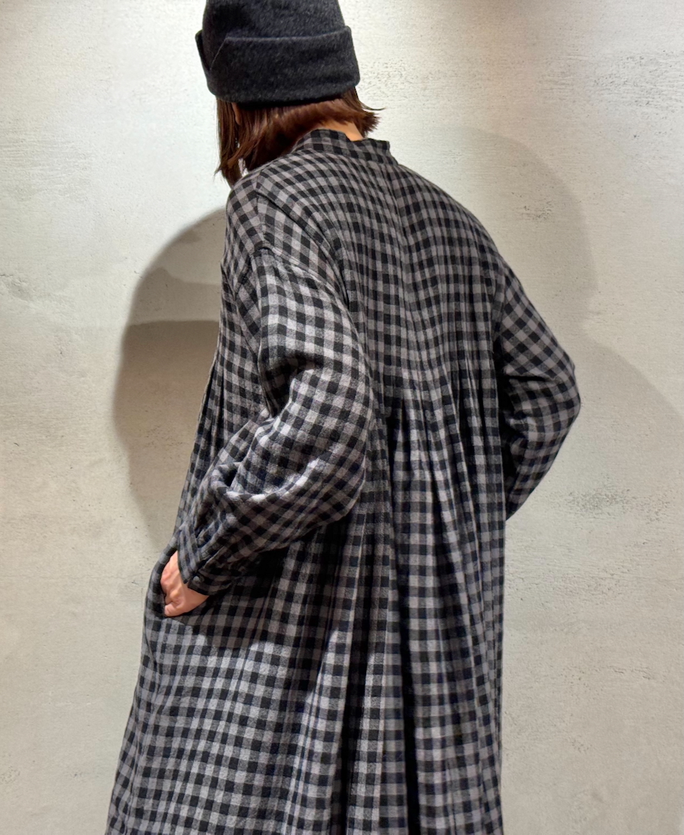 NMDS24571(ワンピース) BOILED WOOL GINGHAM CHECK BANDED SHIRT DRESS WITH INVERTED PLEATS