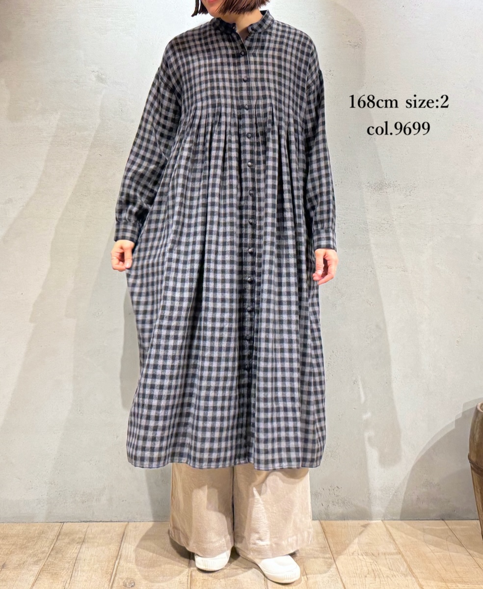 NMDS24571(ワンピース) BOILED WOOL GINGHAM CHECK BANDED SHIRT DRESS WITH INVERTED PLEATS