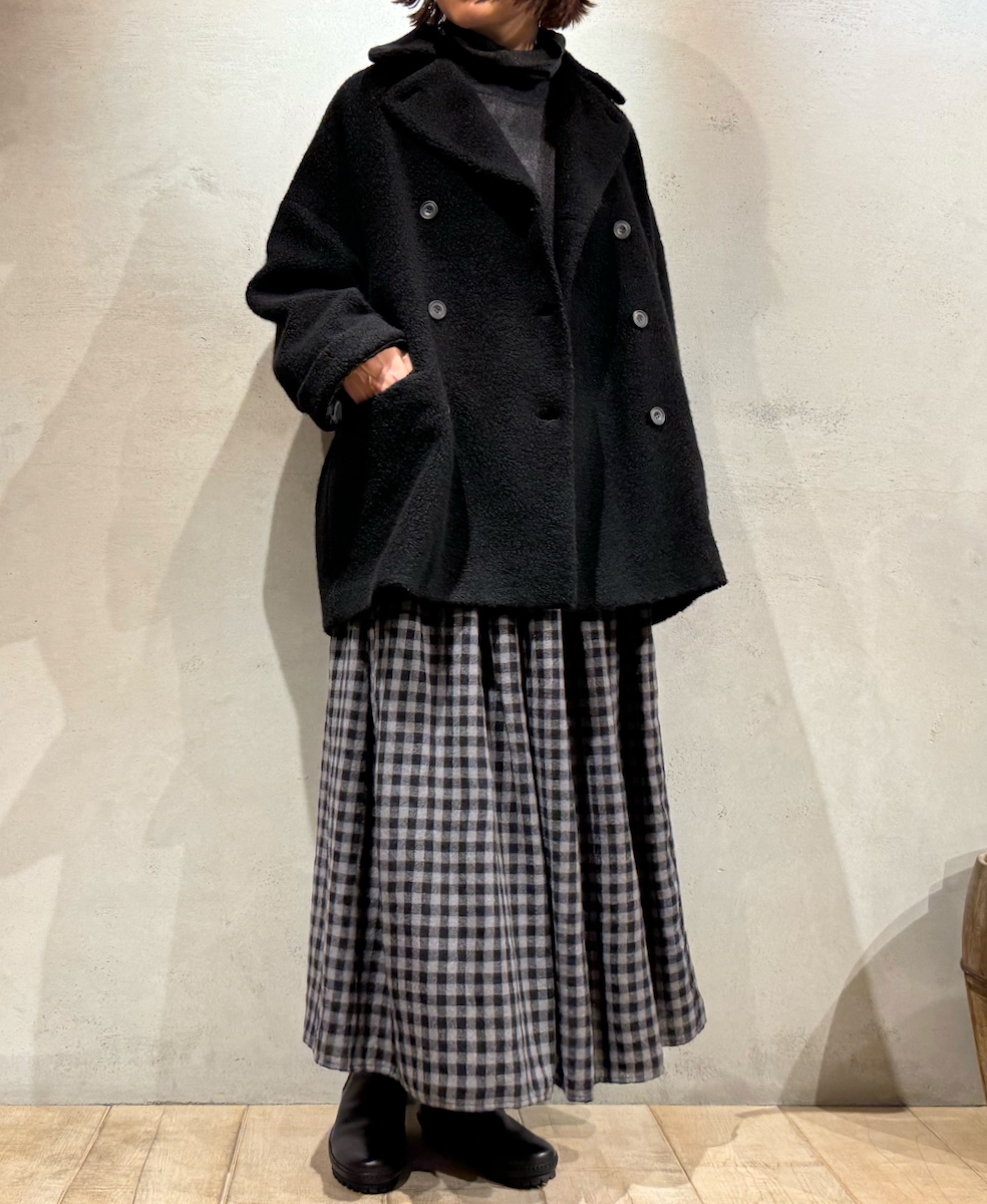 NMDS24574(スカート) BOILED WOOL GINGHAM CHECK RAJASTHAN TUCK GATHERD SKIRT WITH LINING