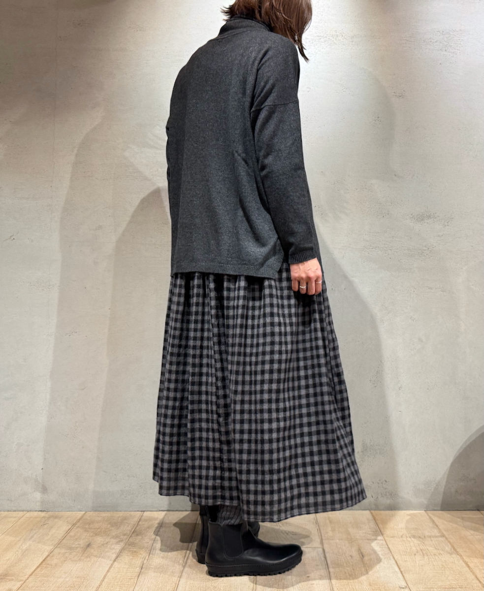 NMDS24574(スカート) BOILED WOOL GINGHAM CHECK RAJASTHAN TUCK GATHERD SKIRT WITH LINING