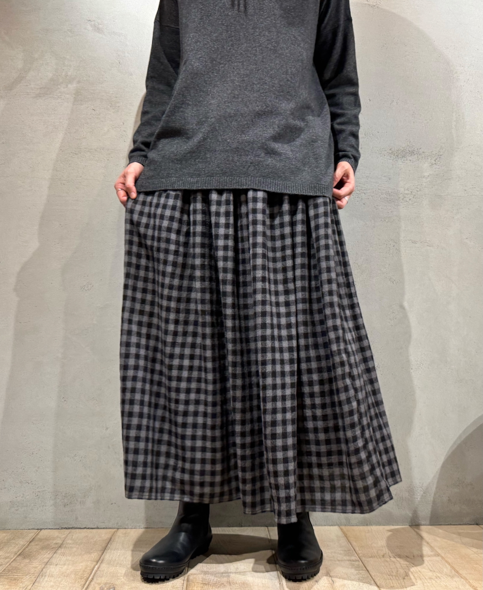 NMDS24574(スカート) BOILED WOOL GINGHAM CHECK RAJASTHAN TUCK GATHERD SKIRT WITH LINING