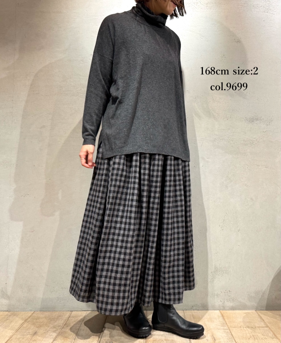 NMDS24574(スカート) BOILED WOOL GINGHAM CHECK RAJASTHAN TUCK GATHERD SKIRT WITH LINING