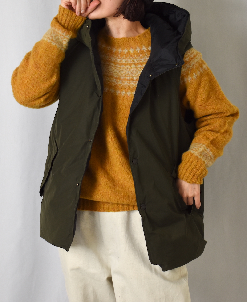 NAM2461(ベスト) POLY×COTTON REVERSIBLE DOWN SNAP FRONT HOODED VEST