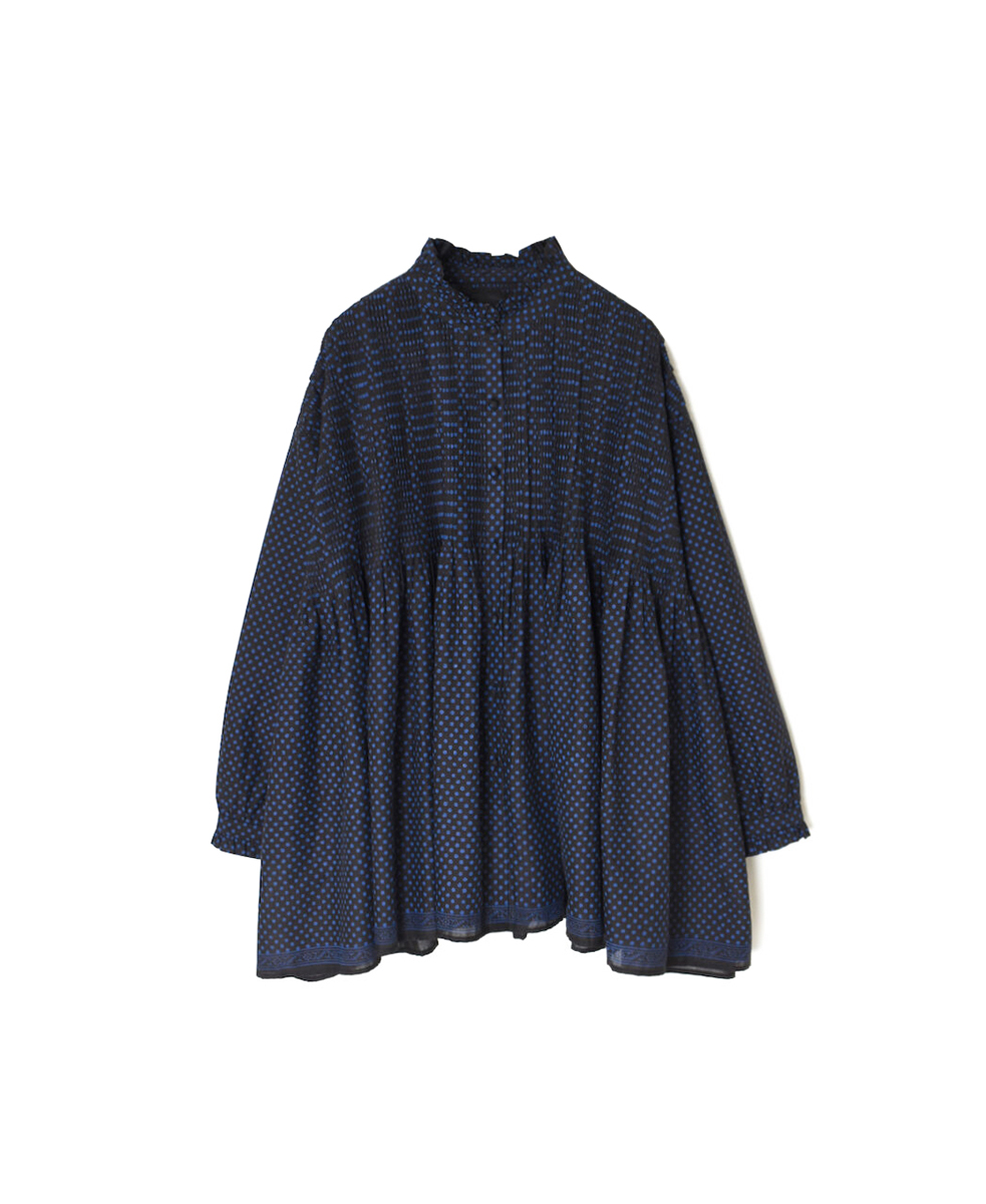 NMDS25261(シャツ) 80s VOIL DOT&TREE BLOCK PRINT FRILL COLLAR PINTUCK SHIRT WITH RANDOM PLEATS