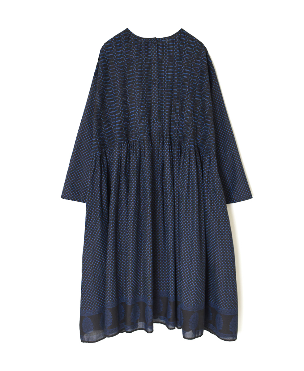 NMDS25262(ワンピース) 80s VOIL DOT&TREE BLOCK PRINT CREW-NECK DRESS WITH RANDOM PLEATS