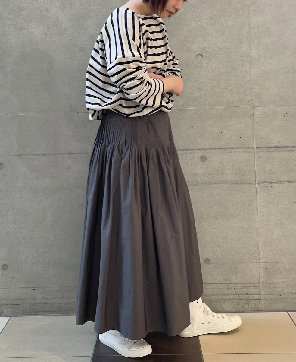 ●NMDS24642(スカート) 40s ORGANIC POPLIN(PATCHWORK) PINTUCK FLARED SKIRT WITH CRAZY PATCH WORK