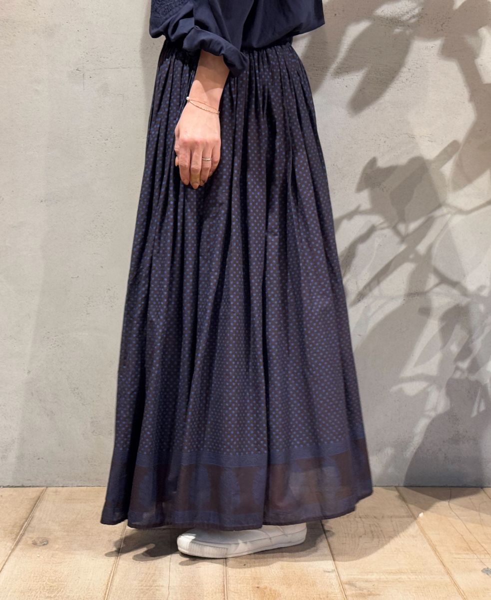 NMDS25264(スカート) 80s VOIL DOT&TREE BLOCK PRINT RAJASTHAN TUCK GATHERED SKIRT WITH LINING