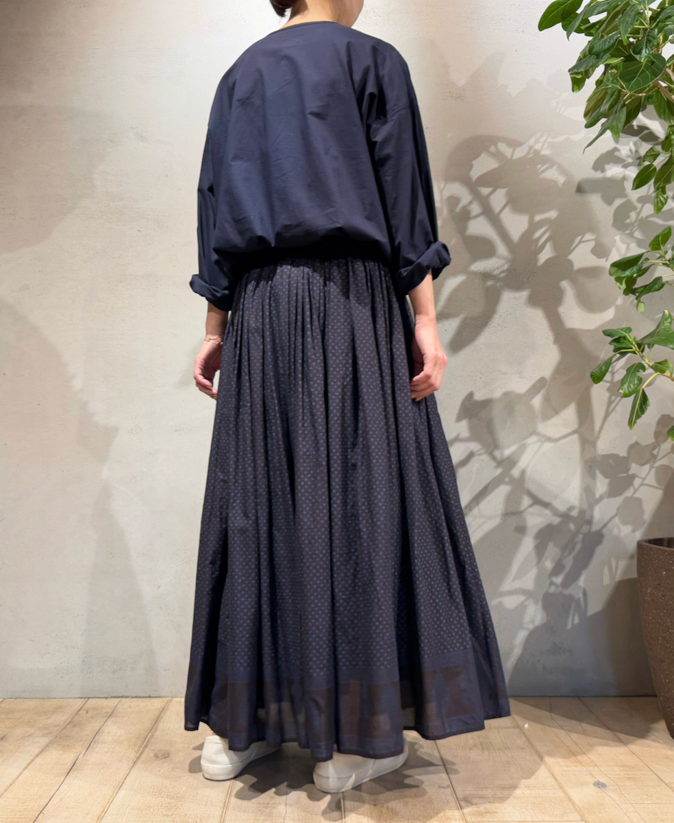 NMDS25264(スカート) 80s VOIL DOT&TREE BLOCK PRINT RAJASTHAN TUCK GATHERED SKIRT WITH LINING