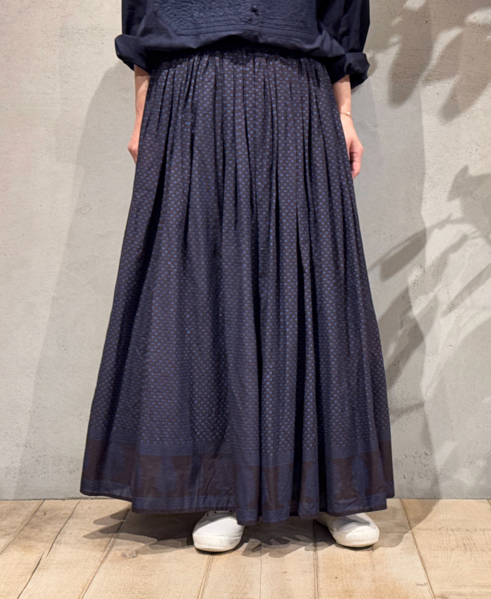 NMDS25264(スカート) 80s VOIL DOT&TREE BLOCK PRINT RAJASTHAN TUCK GATHERED SKIRT WITH LINING