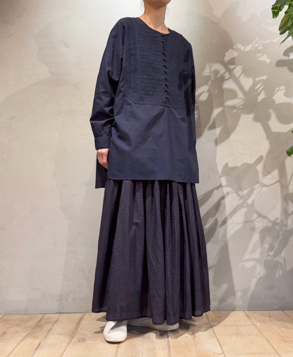 NMDS25264(スカート) 80s VOIL DOT&TREE BLOCK PRINT RAJASTHAN TUCK GATHERED SKIRT WITH LINING