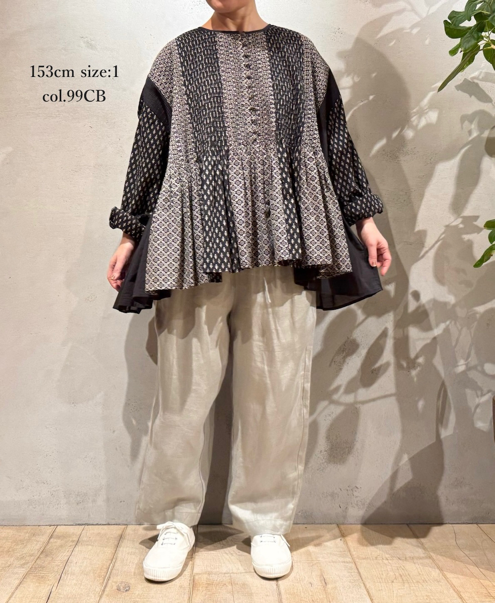 INMDS24301PW(シャツ) BLOCK PRINT PATCHWORK BALL BUTTON SHIRT WITH MINI PINTUCK