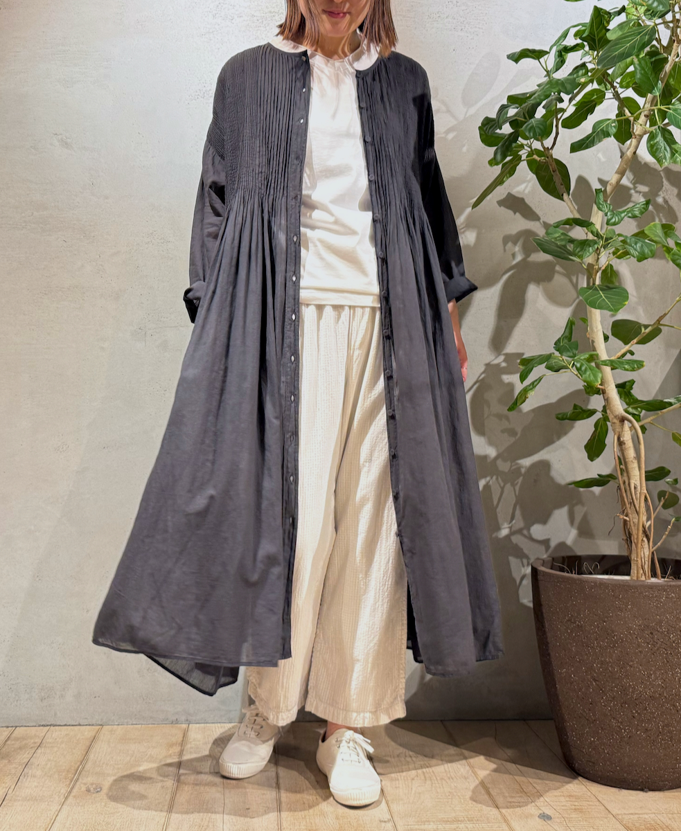 NMDS25214D(ワンピース) 80s ORGANIC STRIPE(OVERDYE) CREW-NECK BUTTON SHIRT MAXI DRESS WITH MINI PINTUCK