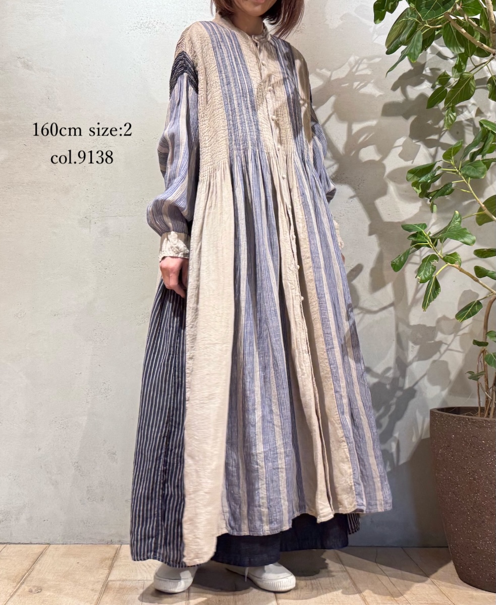 NMDS25303D(ワンピース) LINEN STRIPE PATCHWORK BANDED SHIRT DRESS WITH MINI PINTUCK