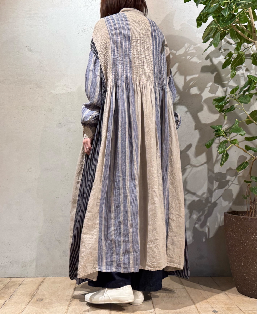 NMDS25303D(ワンピース) LINEN STRIPE PATCHWORK BANDED SHIRT DRESS WITH MINI PINTUCK