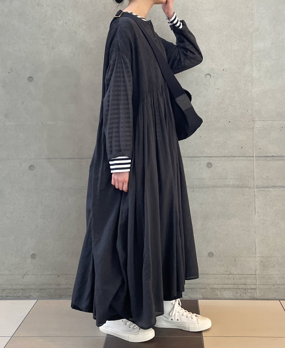 NMDS25214D(ワンピース) 80s ORGANIC STRIPE(OVERDYE) CREW-NECK BUTTON SHIRT MAXI DRESS WITH MINI PINTUCK