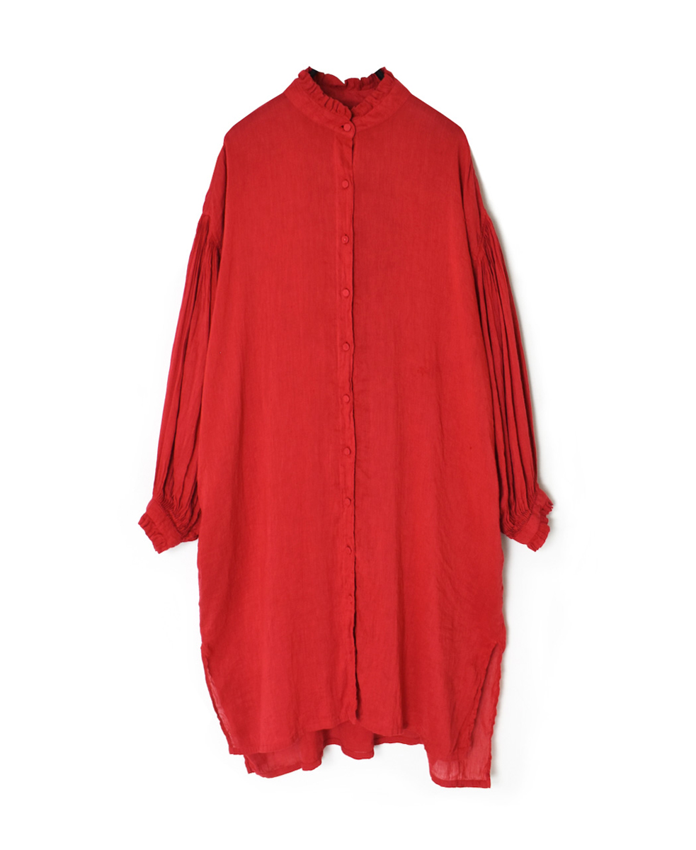 INMDS25016D(ワンピース) AUTO LOOM COTTON/LINEN PLAIN(OVERDYE) FRILL COLLAR MAXI SHIRT DRESS WITH PINTUCK