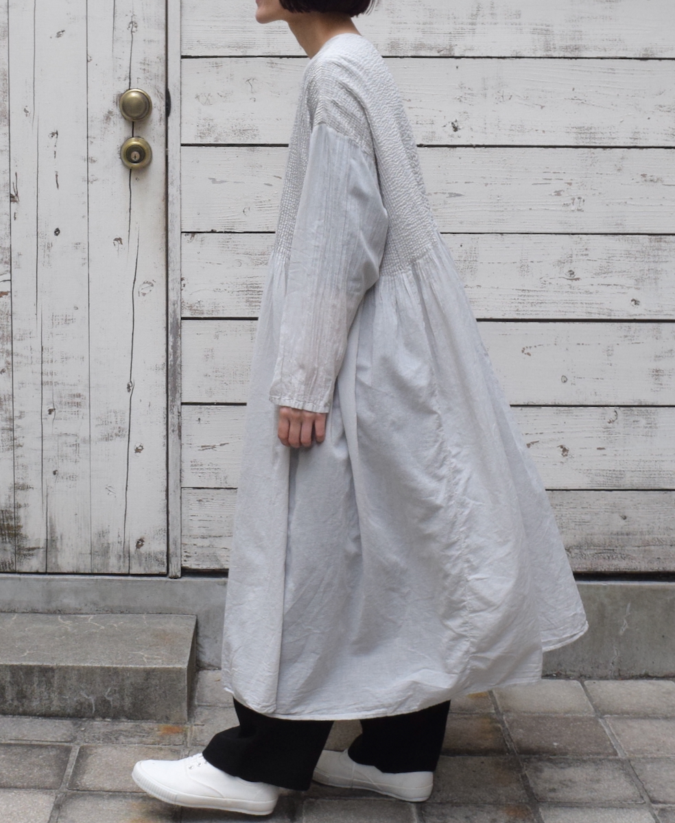 NMDS25214D(ワンピース) 80s ORGANIC STRIPE(OVERDYE) CREW-NECK BUTTON SHIRT MAXI DRESS WITH MINI PINTUCK