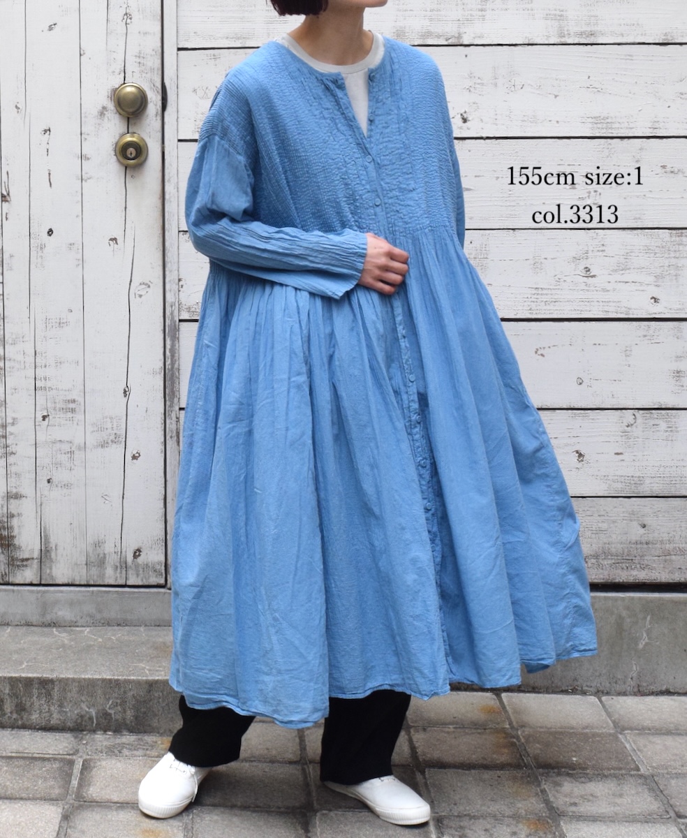 NMDS25214D(ワンピース) 80s ORGANIC STRIPE(OVERDYE) CREW-NECK BUTTON SHIRT MAXI DRESS WITH MINI PINTUCK