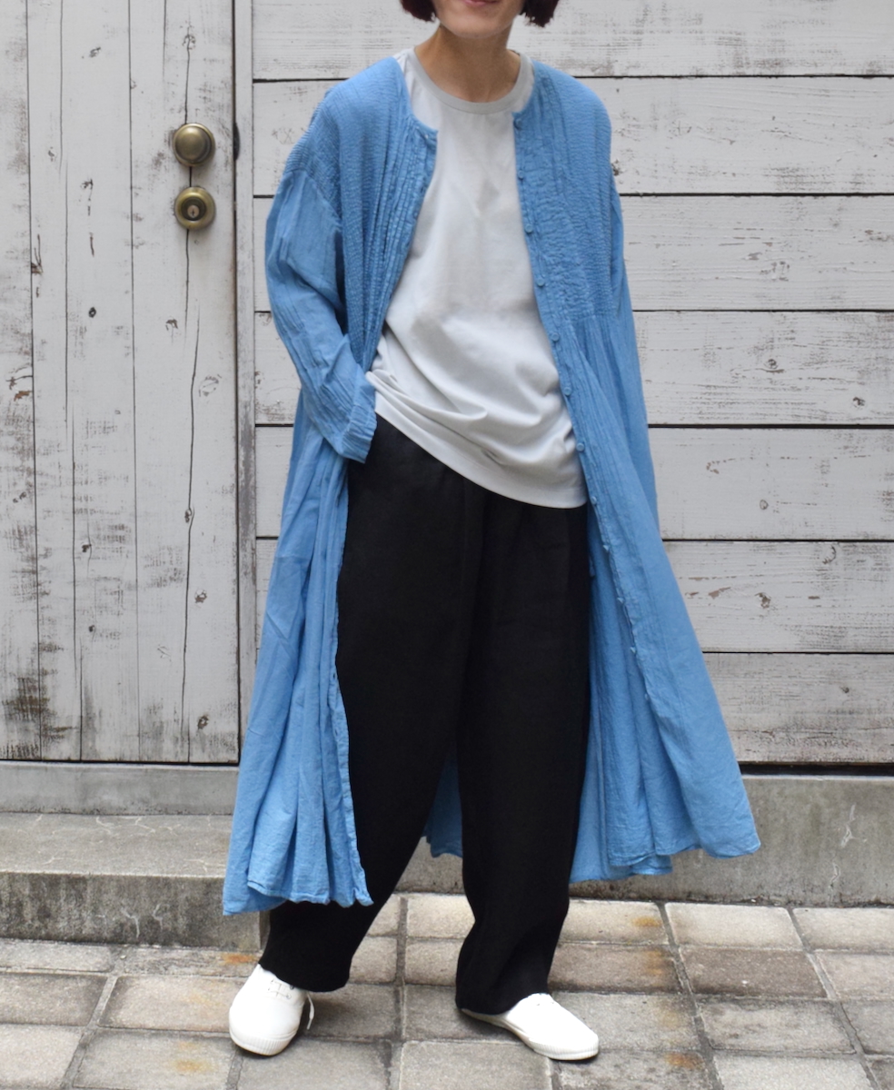 NMDS25214D(ワンピース) 80s ORGANIC STRIPE(OVERDYE) CREW-NECK BUTTON SHIRT MAXI DRESS WITH MINI PINTUCK