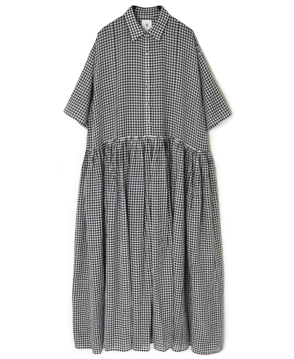 INMDS25023(ワンピース) HANDWOVEN COTTON/SILK GINGHAM CHECK REGULAR COLLAR DRESS WITH RAJASTHAN TUCK GATHERER