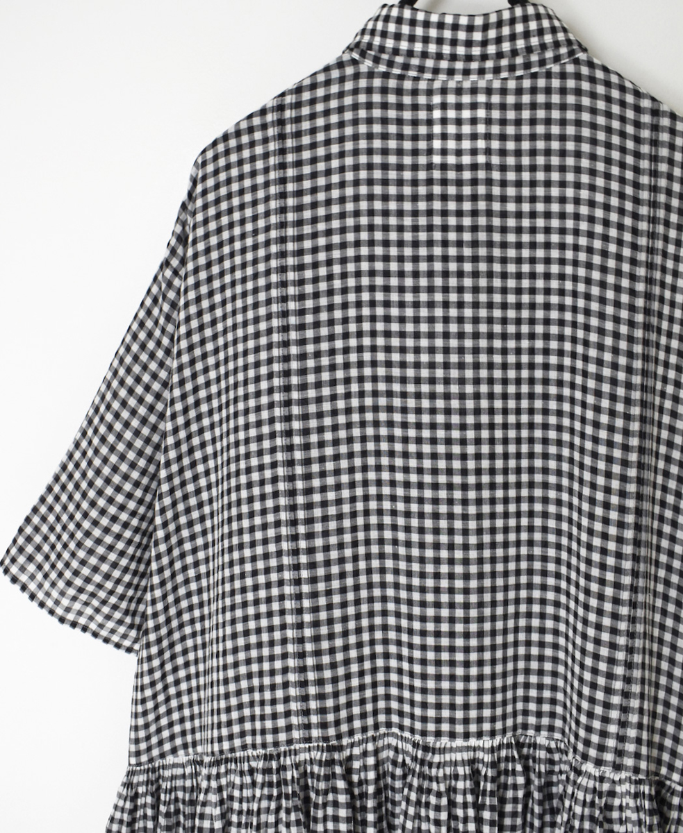 INMDS25023(ワンピース) HANDWOVEN COTTON/SILK GINGHAM CHECK REGULAR COLLAR DRESS WITH RAJASTHAN TUCK GATHERER