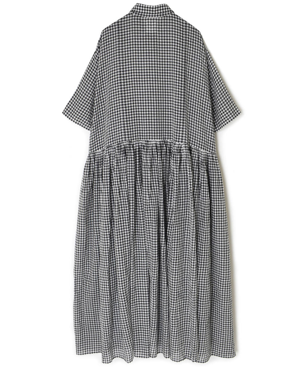 INMDS25023(ワンピース) HANDWOVEN COTTON/SILK GINGHAM CHECK REGULAR COLLAR DRESS WITH RAJASTHAN TUCK GATHERER