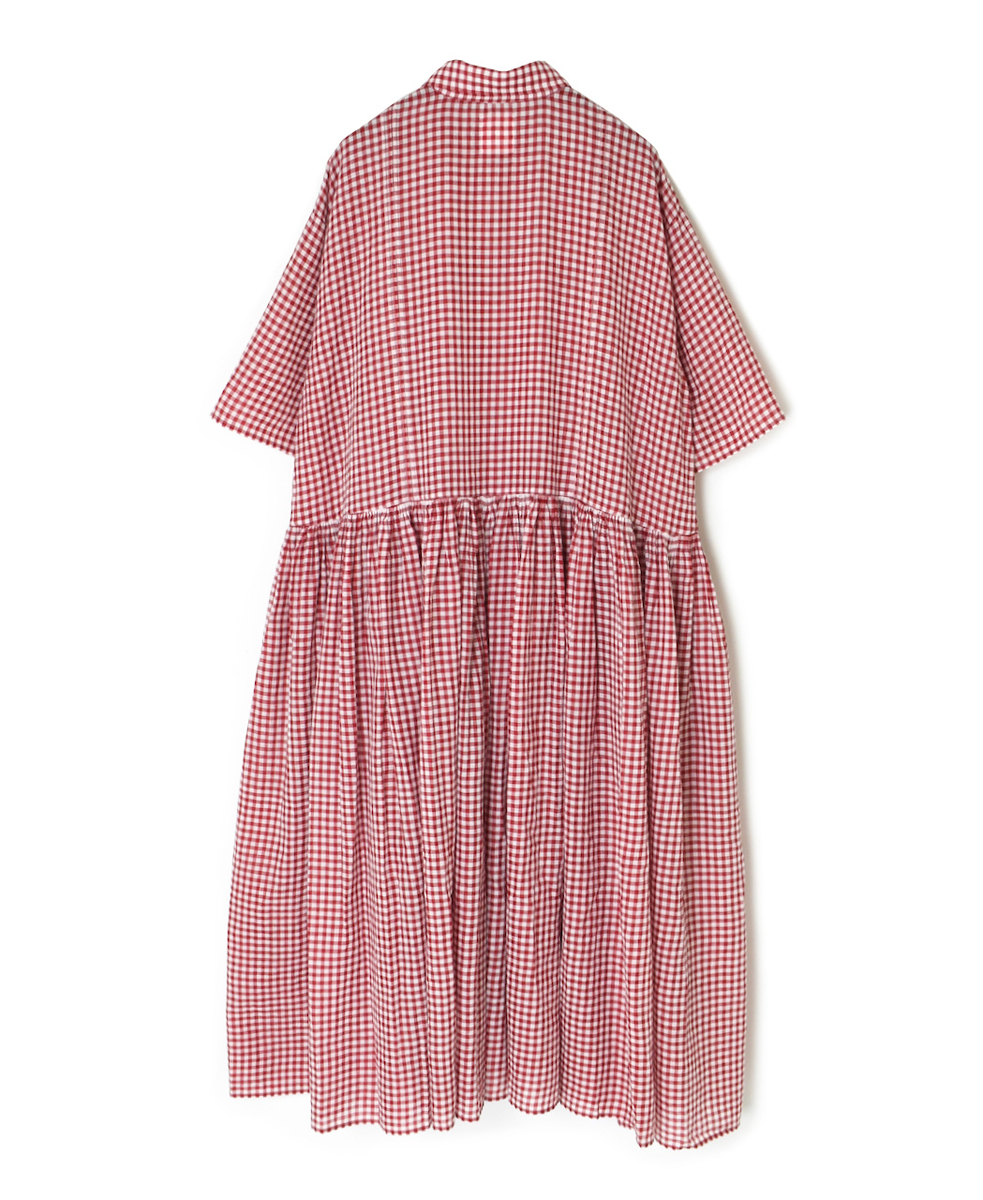 INMDS25023(ワンピース) HANDWOVEN COTTON/SILK GINGHAM CHECK REGULAR COLLAR DRESS WITH RAJASTHAN TUCK GATHERER