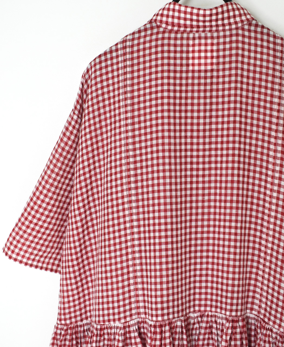 INMDS25023(ワンピース) HANDWOVEN COTTON/SILK GINGHAM CHECK REGULAR COLLAR DRESS WITH RAJASTHAN TUCK GATHERER