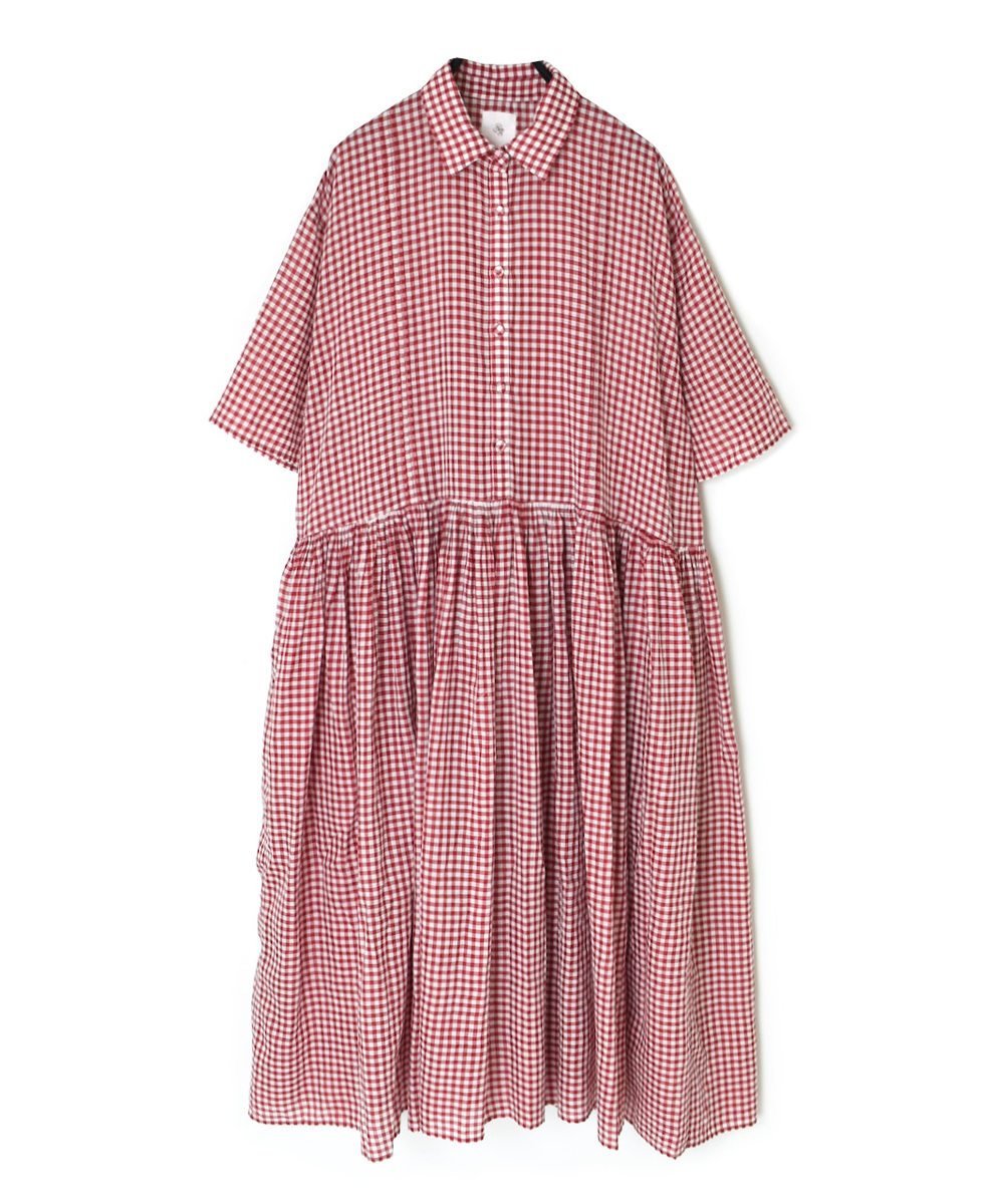 INMDS25023(ワンピース) HANDWOVEN COTTON/SILK GINGHAM CHECK REGULAR DRESS WITH RAJASTHAN TUCK GATHERE