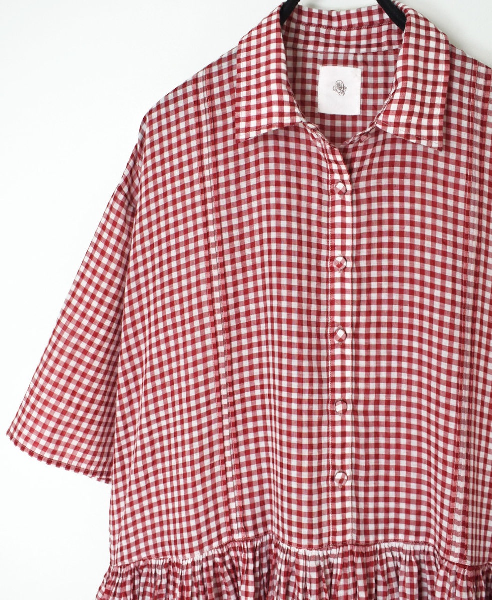 INMDS25023(ワンピース) HANDWOVEN COTTON/SILK GINGHAM CHECK REGULAR COLLAR DRESS WITH RAJASTHAN TUCK GATHERER