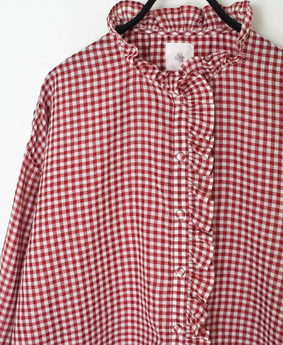 INMDS25022(シャツ) HANDWOVEN COTTON/SILK GINGHAM CHECK FRILL COLLAR SHIRT