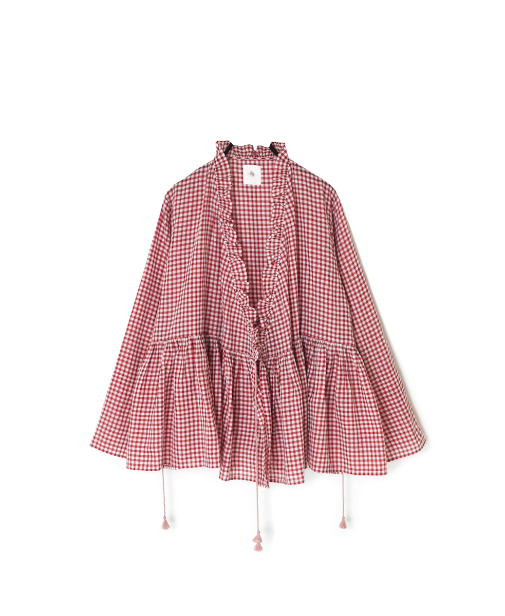 INMDS25021(ブラウス) HANDWOVEN COTTON/SILK GINGHAM CHECK FRILL CACHE COEUR