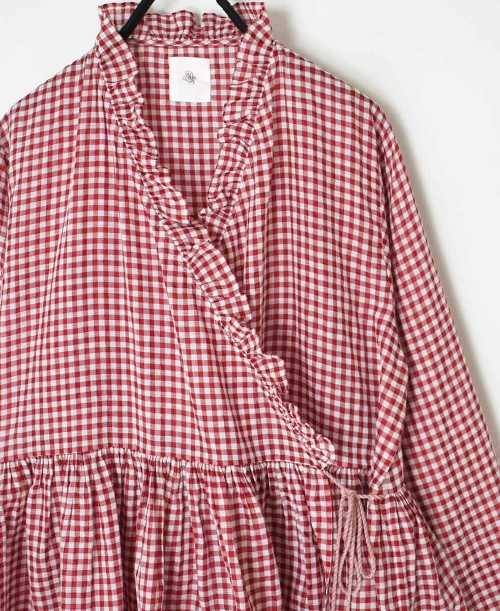 INMDS25021(ブラウス) HANDWOVEN COTTON/SILK GINGHAM CHECK FRILL CACHE COEUR