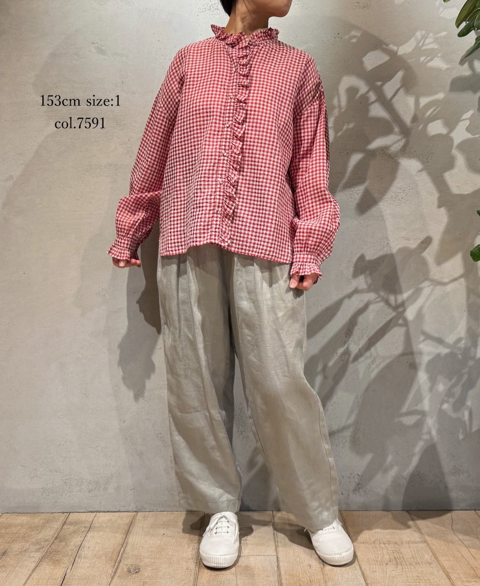 INMDS25022(シャツ) HANDWOVEN COTTON/SILK GINGHAM CHECK FRILL COLLAR SHIRT