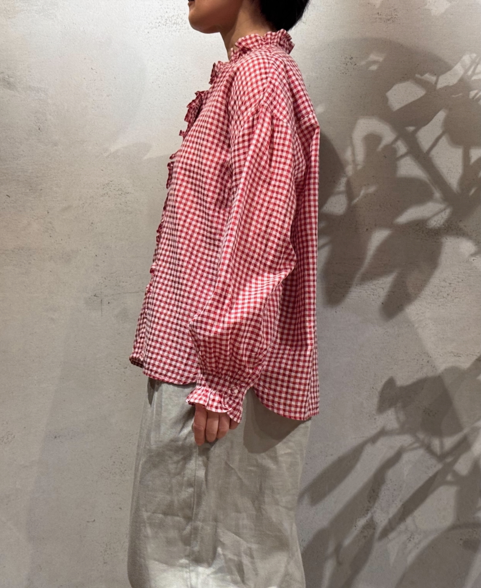 INMDS25022(シャツ) HANDWOVEN COTTON/SILK GINGHAM CHECK FRILL COLLAR SHIRT