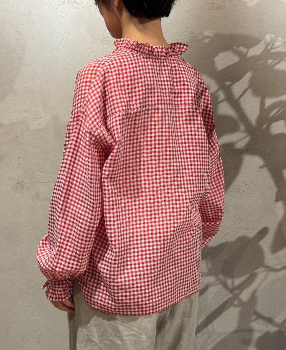 INMDS25022(シャツ) HANDWOVEN COTTON/SILK GINGHAM CHECK FRILL COLLAR SHIRT